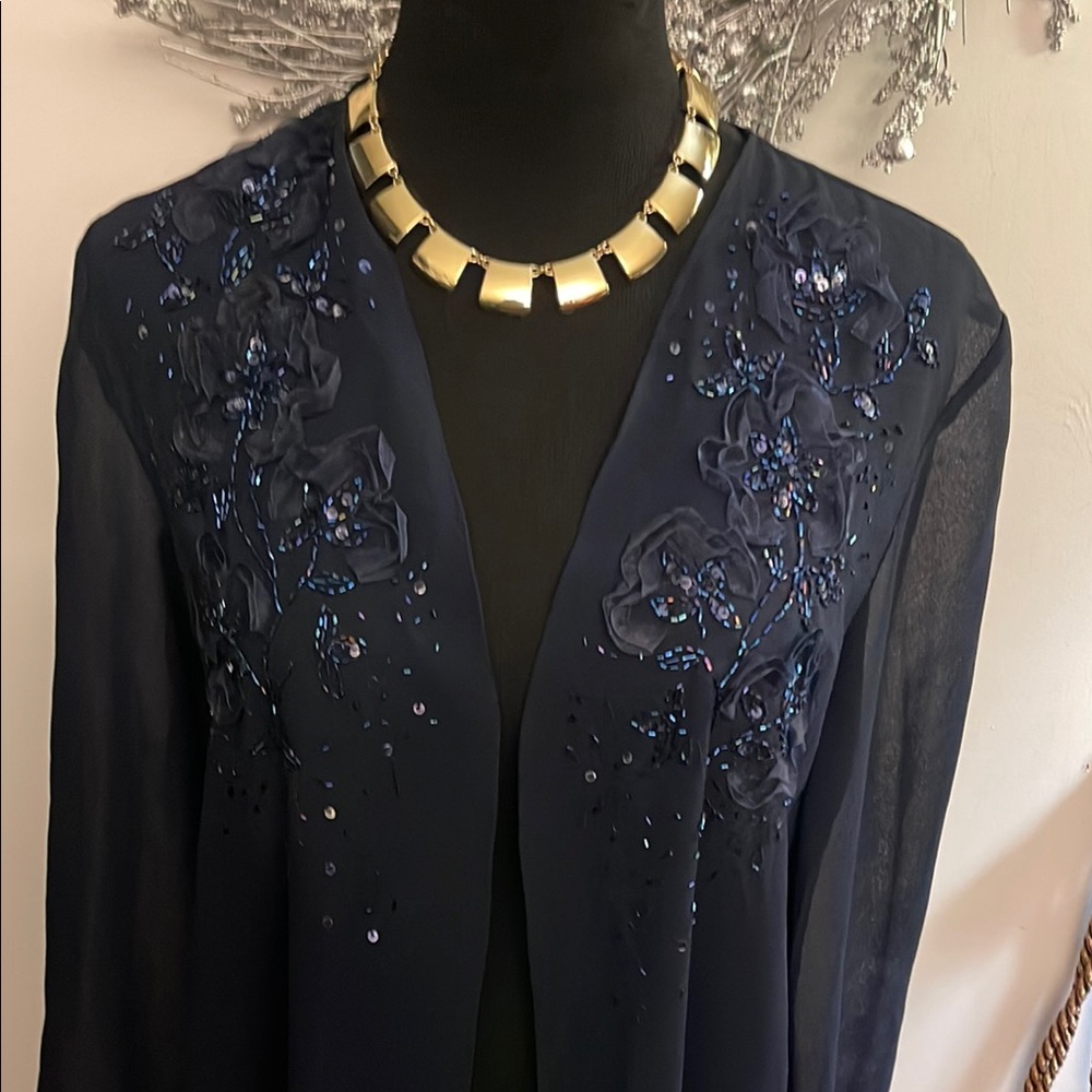Elegant Navy Sheer Cardigan with Floral Embellishments - Picture 2 of 9